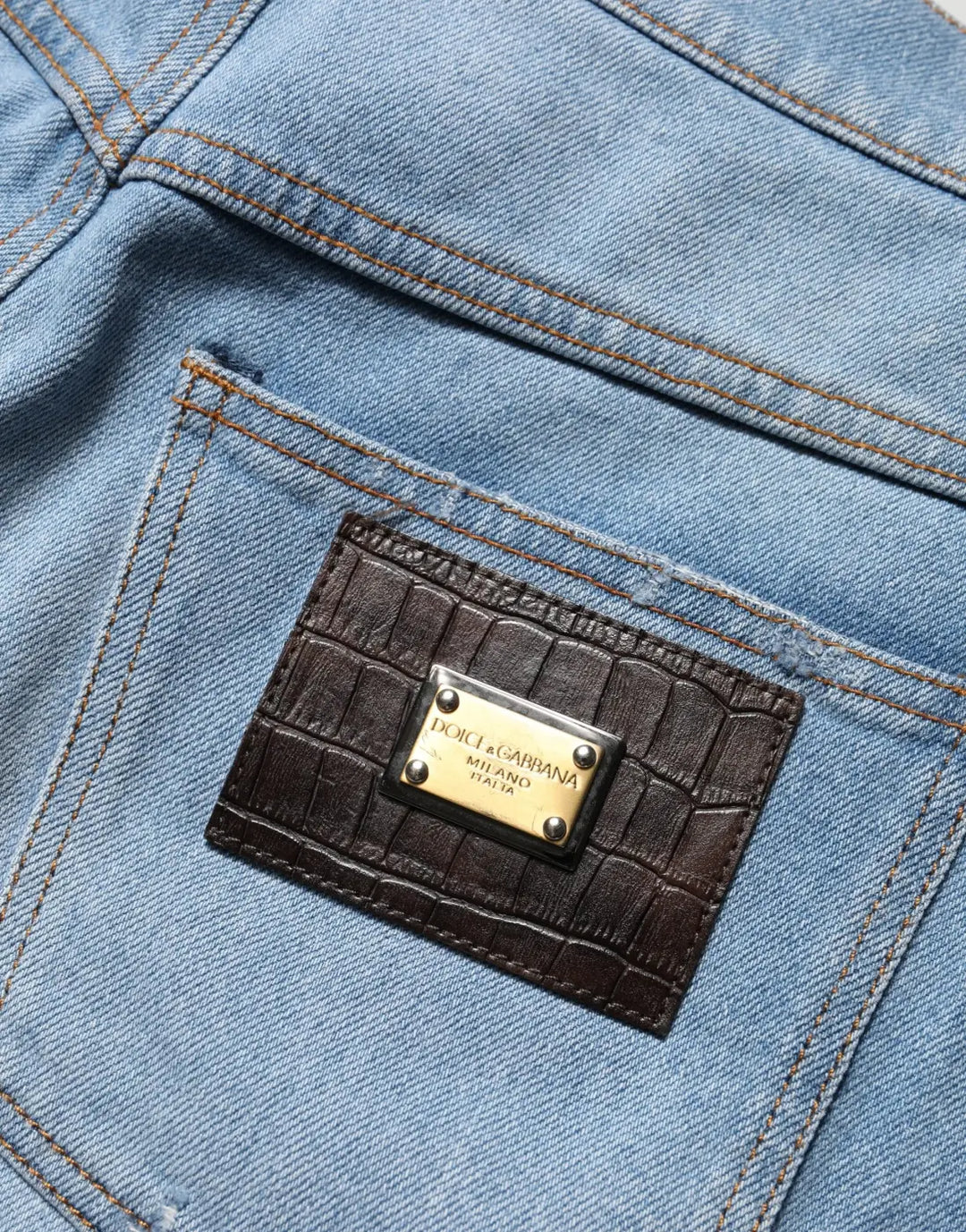 Dolce &amp; Gabbana Blue Distressed Pleated Cotton Denim Jeans