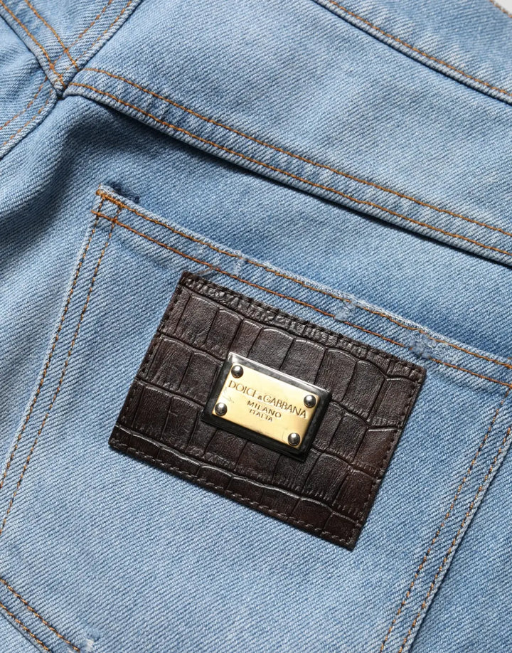 Dolce &amp; Gabbana Blue Distressed Pleated Cotton Denim Jeans