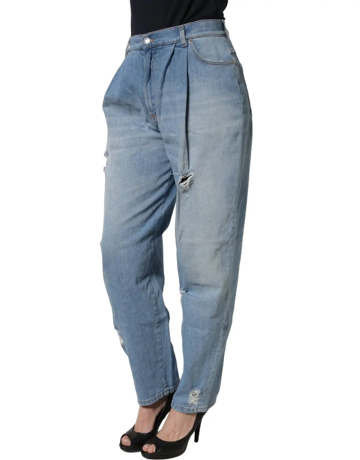 Dolce &amp; Gabbana Blue Distressed Pleated Cotton Denim Jeans