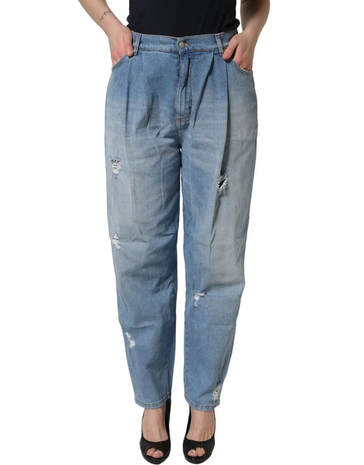 Dolce &amp; Gabbana Blue Distressed Pleated Cotton Denim Jeans