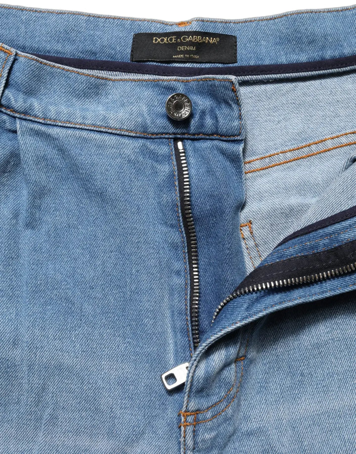 Dolce &amp; Gabbana Blue Distressed Pleated Cotton Denim Jeans