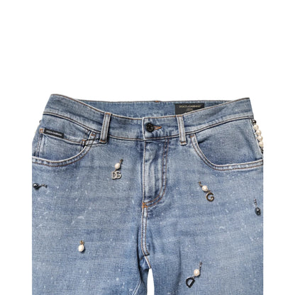 Dolce and Gabbana Blue Embellished Cotton Skinny Jeans &