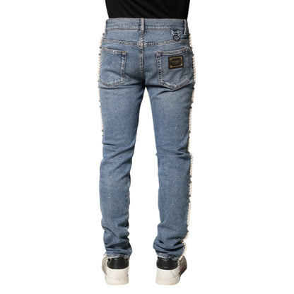 Dolce and Gabbana Blue Embellished Cotton Skinny Jeans &