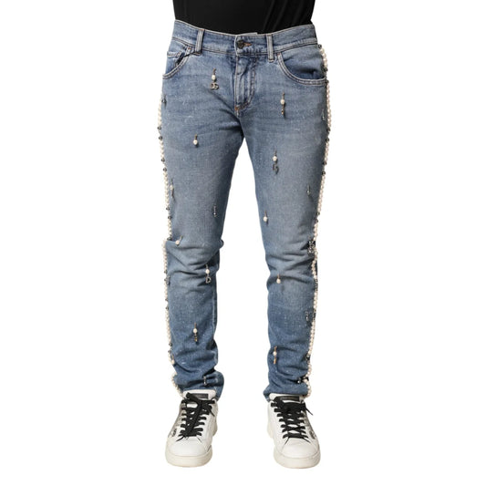 Dolce and Gabbana Blue Embellished Cotton Skinny Jeans &