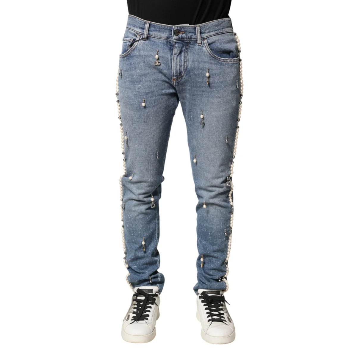 Dolce and Gabbana Blue Embellished Cotton Skinny Jeans &