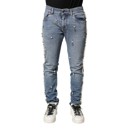 Dolce and Gabbana Blue Embellished Cotton Skinny Jeans &
