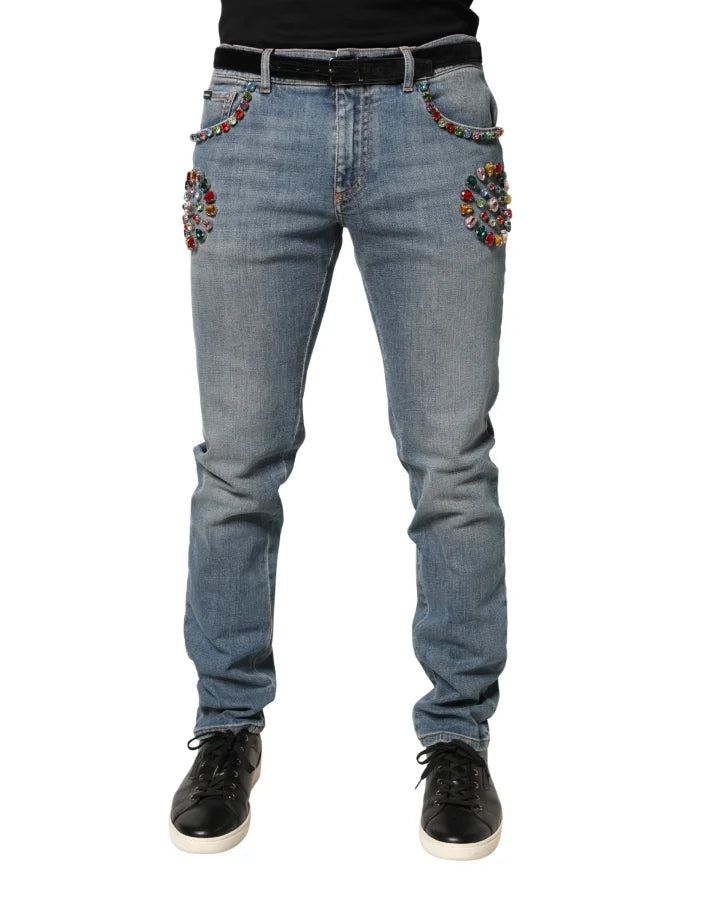 Dolce & Gabbana Blue Embellished Loose Cotton Men Denim Jeans