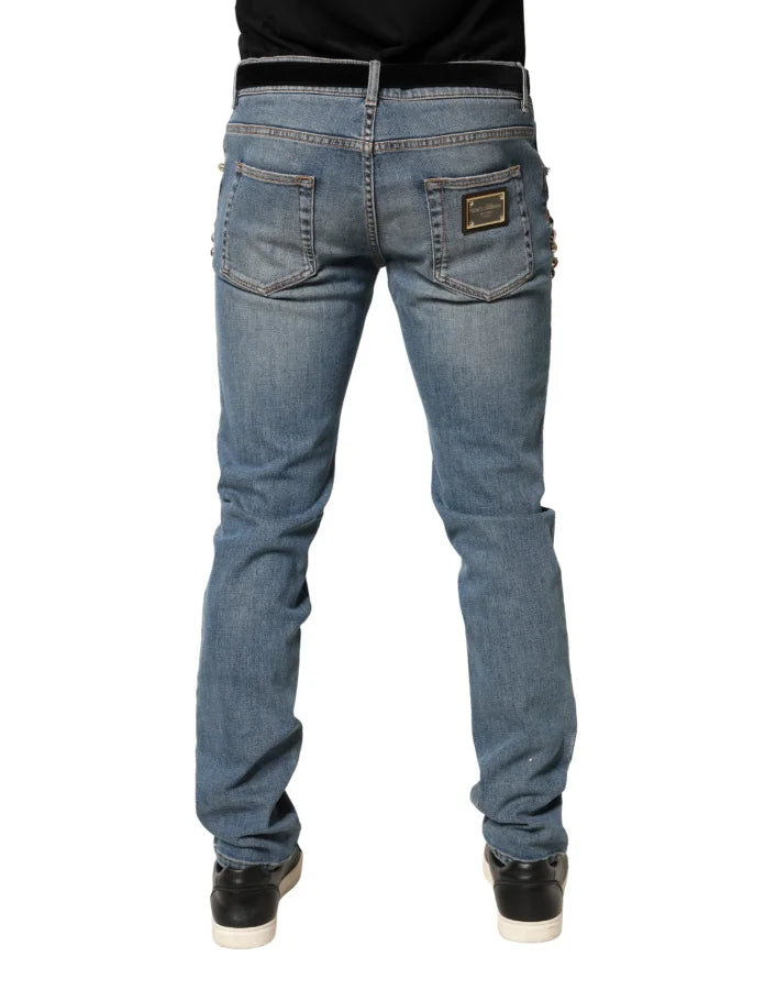 Dolce &amp; Gabbana Blue Embellished Loose Cotton Men Denim Jeans