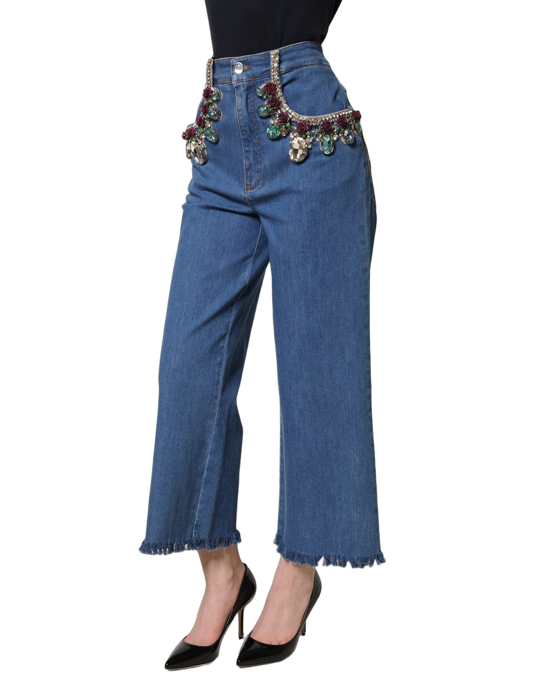 Dolce &amp; Gabbana Blue Embellished Wide Cropped Denim Jeans