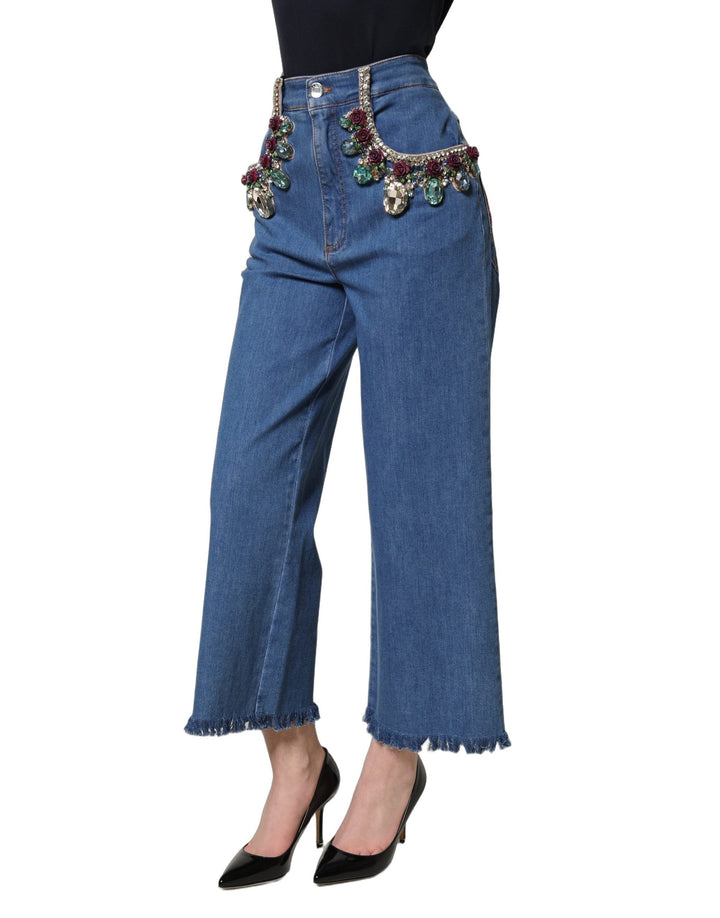 Dolce &amp; Gabbana Blue Embellished Wide Cropped Denim Jeans