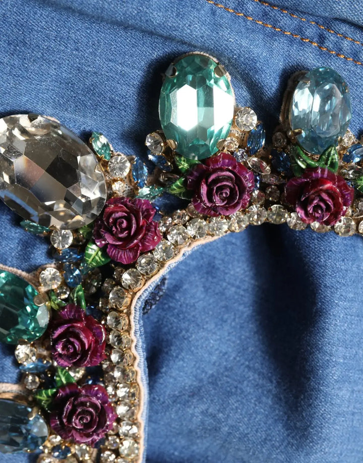 Dolce &amp; Gabbana Blue Embellished Wide Cropped Denim Jeans