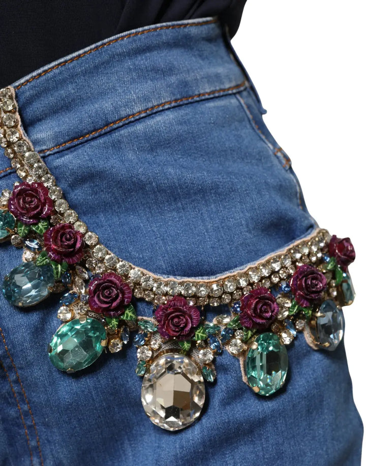 Dolce &amp; Gabbana Blue Embellished Wide Cropped Denim Jeans