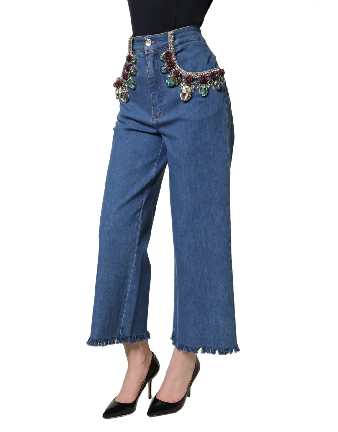 Dolce &amp; Gabbana Blue Embellished Wide Cropped Denim Jeans