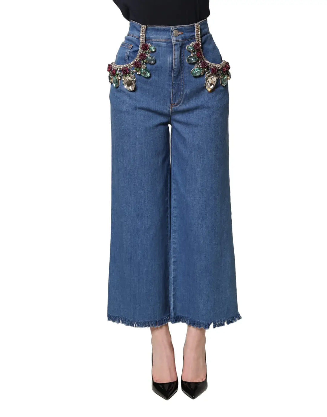 Dolce &amp; Gabbana Blue Embellished Wide Cropped Denim Jeans
