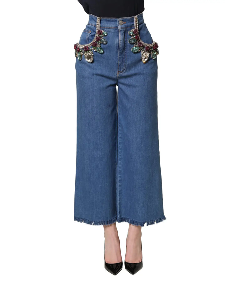Dolce &amp; Gabbana Blue Embellished Wide Cropped Denim Jeans