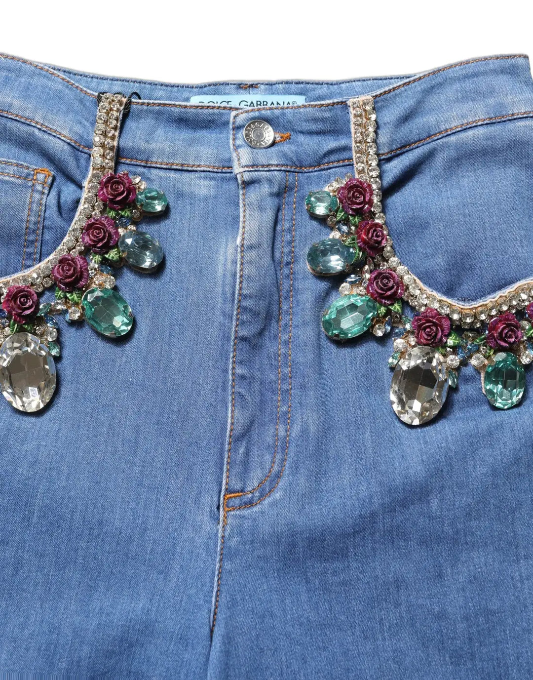Dolce &amp; Gabbana Blue Embellished Wide Cropped Denim Jeans
