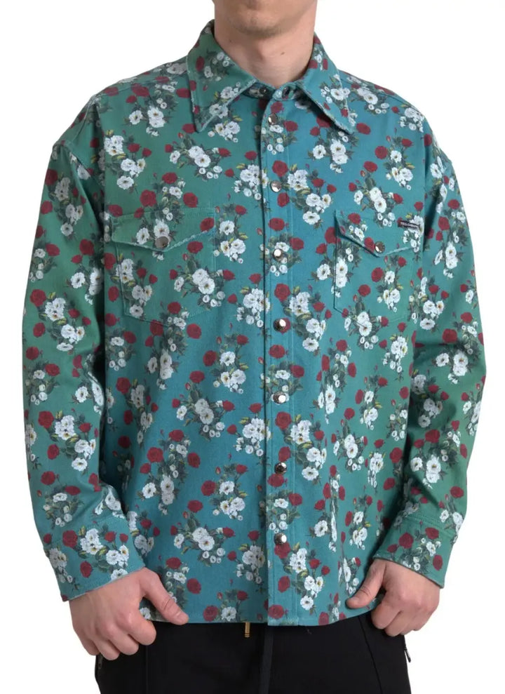 Dolce &amp; Gabbana Blue Floral Cotton Button Down Denim Shirt