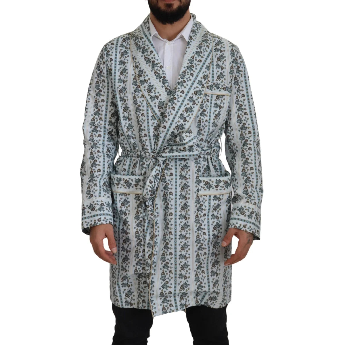 Dolce & Gabbana Blue Floral Cotton Robe Coat Jacket