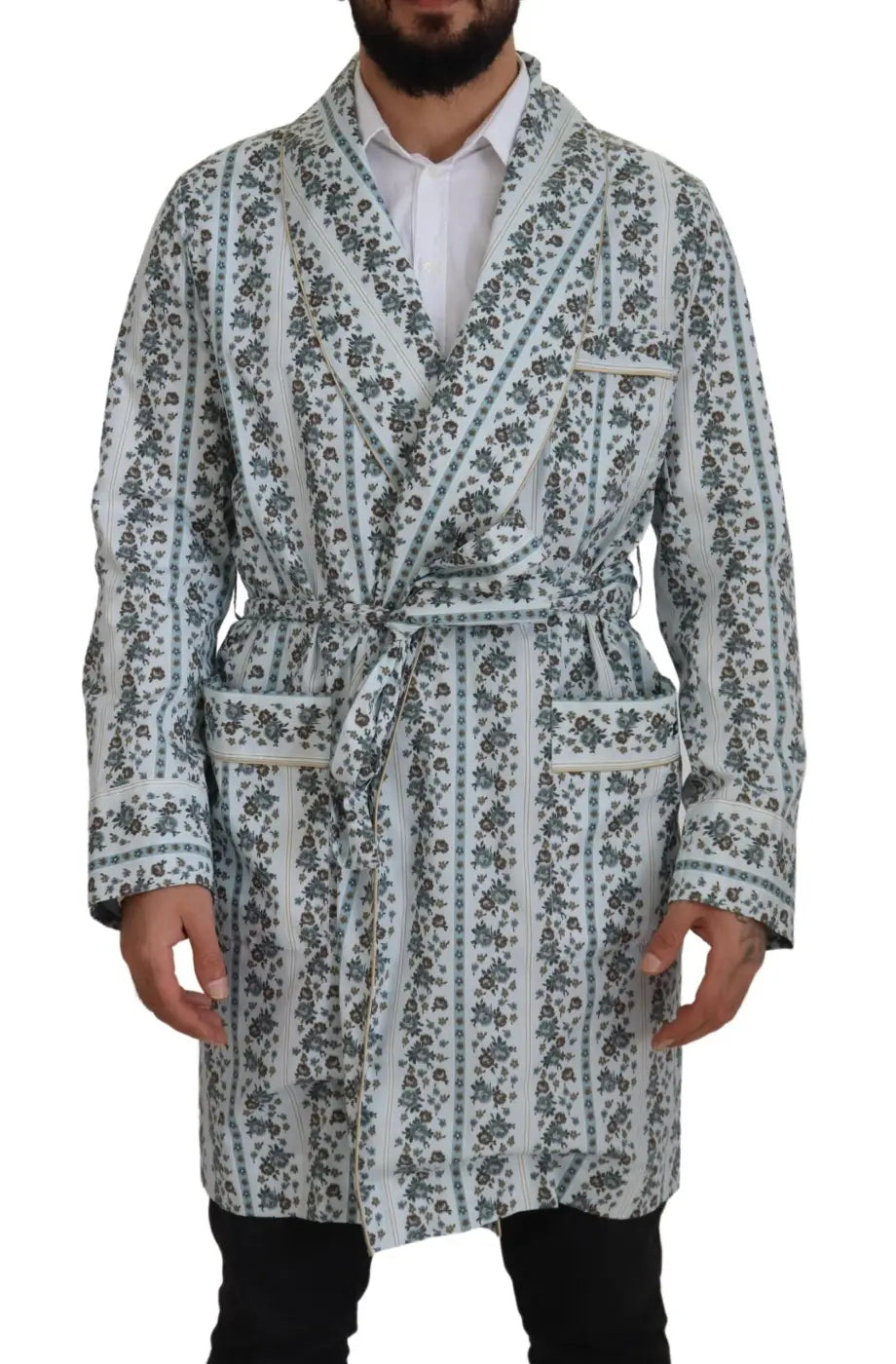 Dolce &amp; Gabbana Blue Floral Cotton Robe Coat Jacket