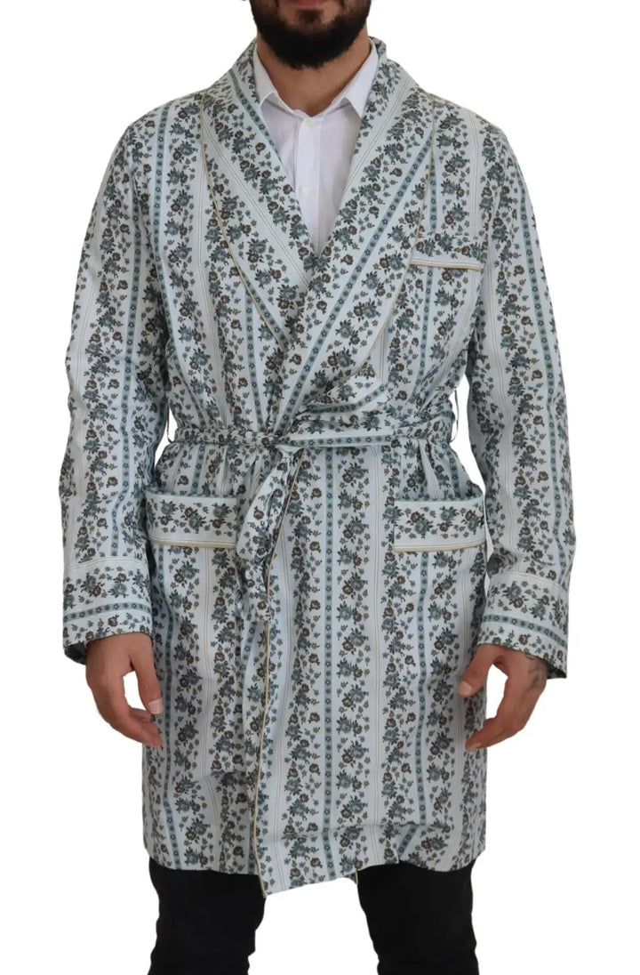 Dolce &amp; Gabbana Blue Floral Cotton Robe Coat Jacket