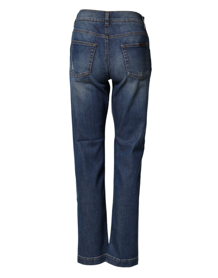 Dolce &amp; Gabbana Blue Floral Embroidered Boyfriend Denim Jeans