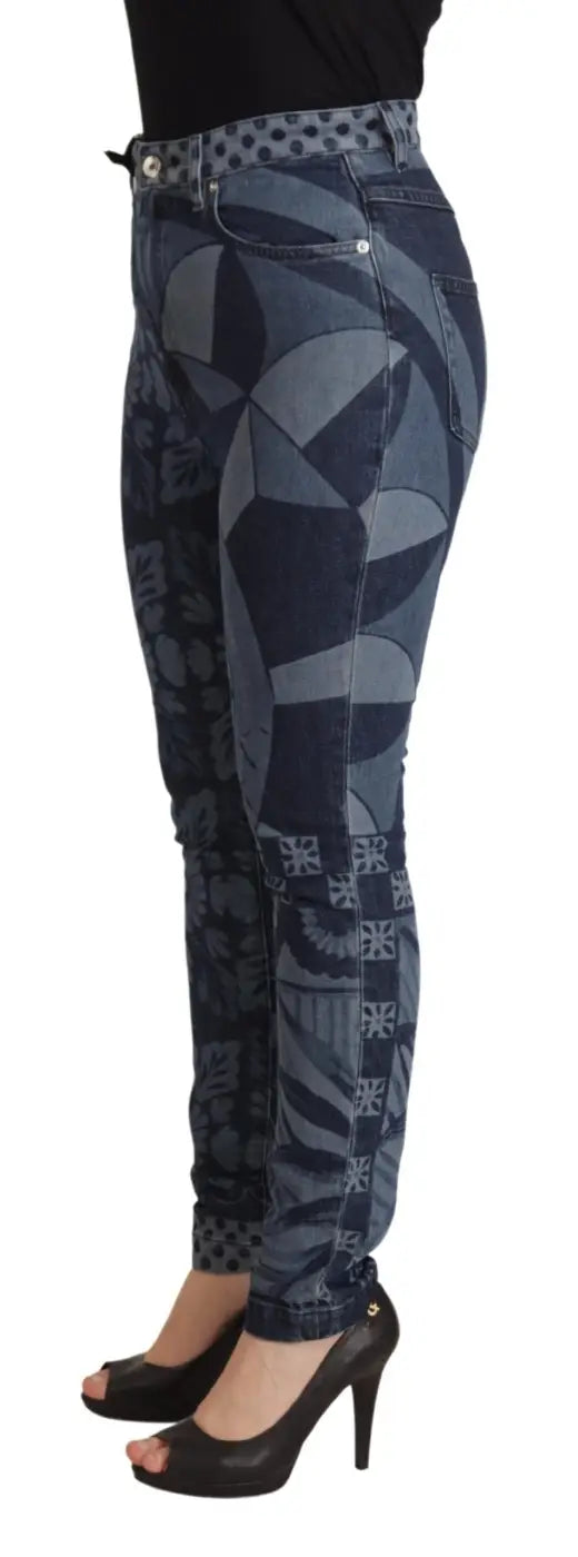 Dolce &amp; Gabbana Blue Floral High Waist Skinny Denim Jeans