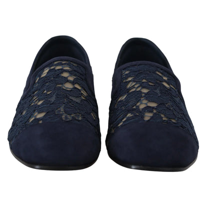 Dolce & Gabbana Blue Floral Lace Slip Ons Loafers Flats Shoes