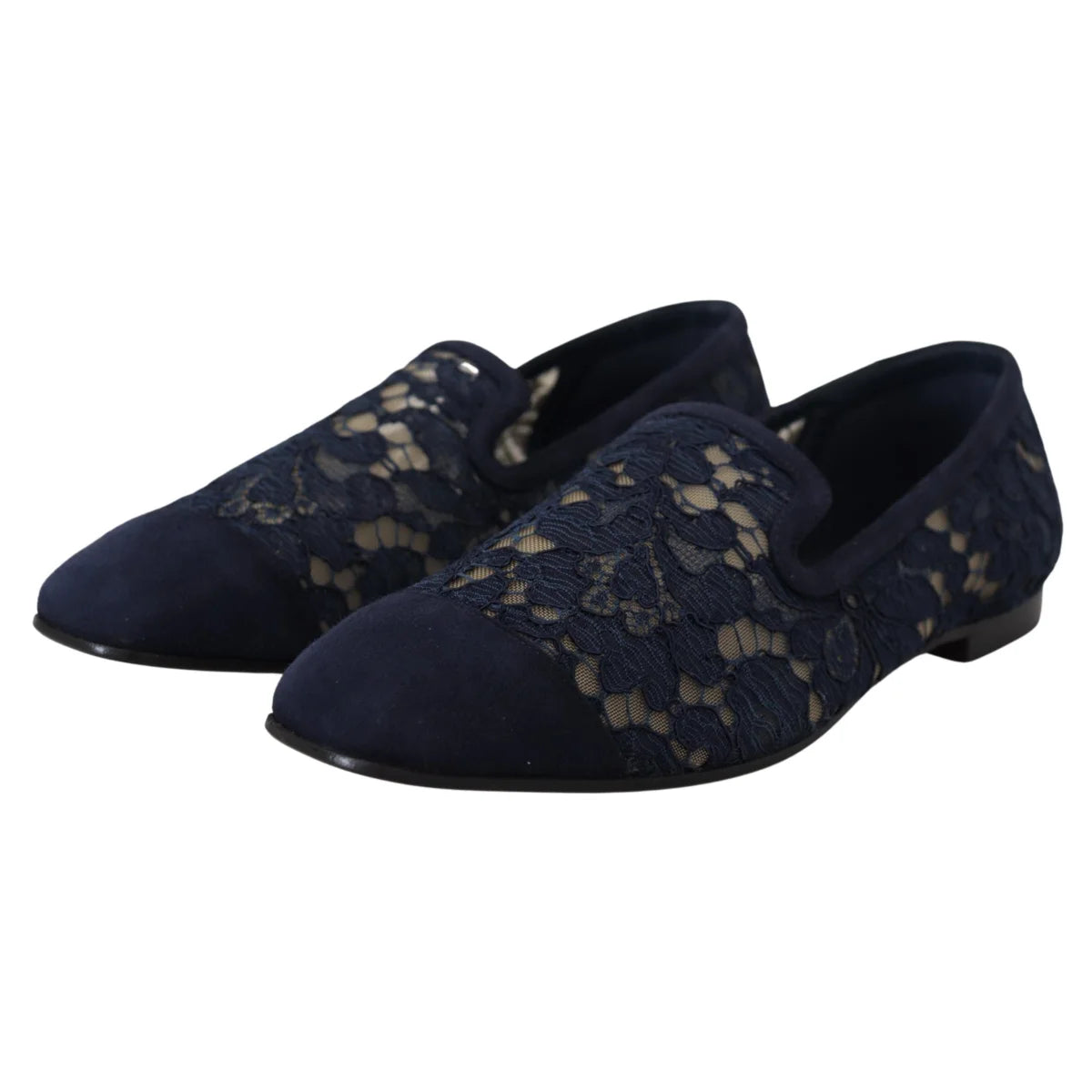 Dolce & Gabbana Blue Floral Lace Slip Ons Loafers Flats Shoes