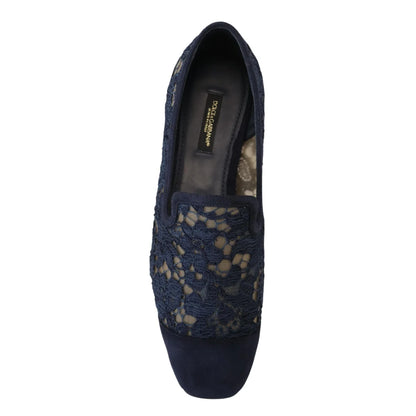 Dolce & Gabbana Blue Floral Lace Slip Ons Loafers Flats Shoes