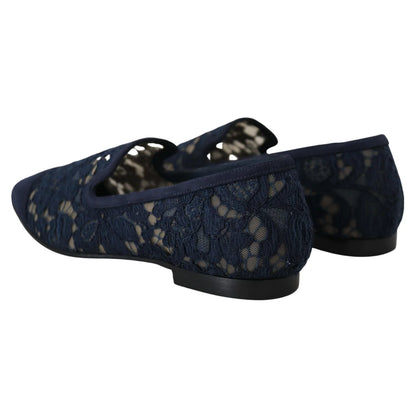 Dolce & Gabbana Blue Floral Lace Slip Ons Loafers Flats Shoes