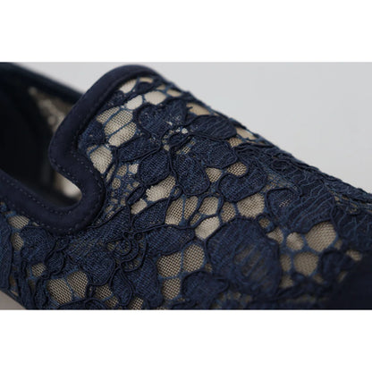 Dolce & Gabbana Blue Floral Lace Slip Ons Loafers Flats Shoes