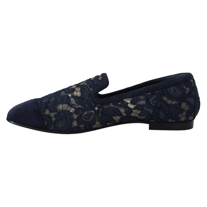 Dolce & Gabbana Blue Floral Lace Slip Ons Loafers Flats Shoes