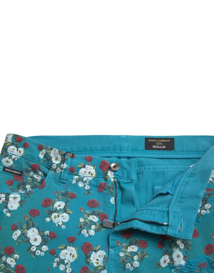 Dolce &amp; Gabbana Blue Floral Print Skinny Cotton Denim Pants