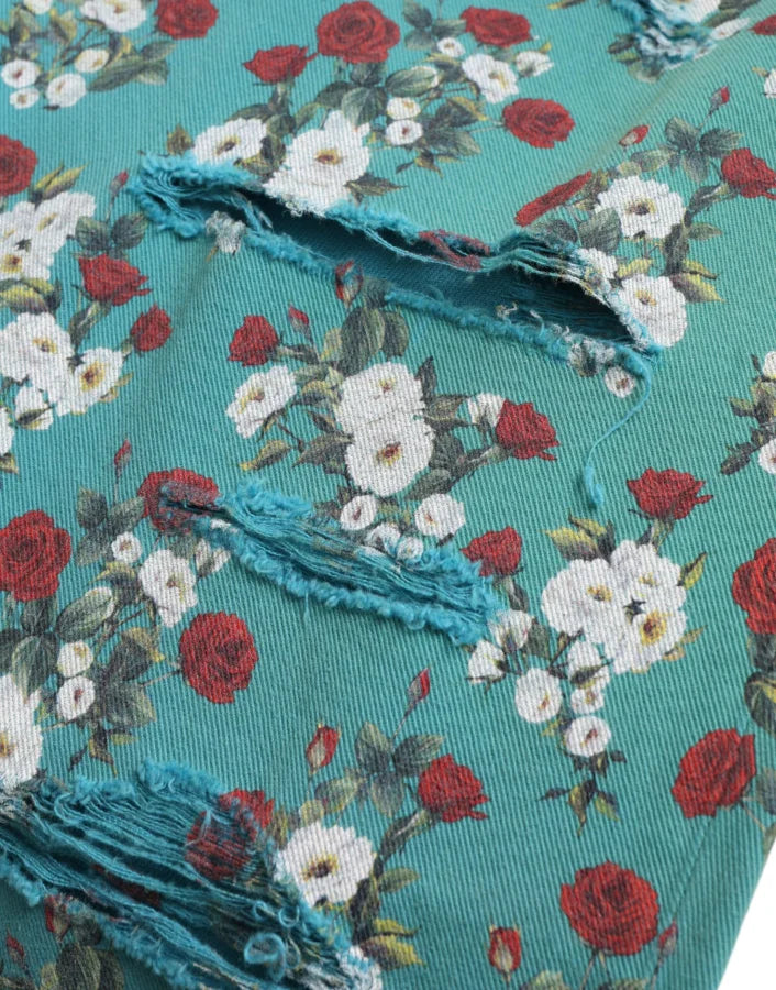 Dolce &amp; Gabbana Blue Floral Print Skinny Cotton Denim Pants