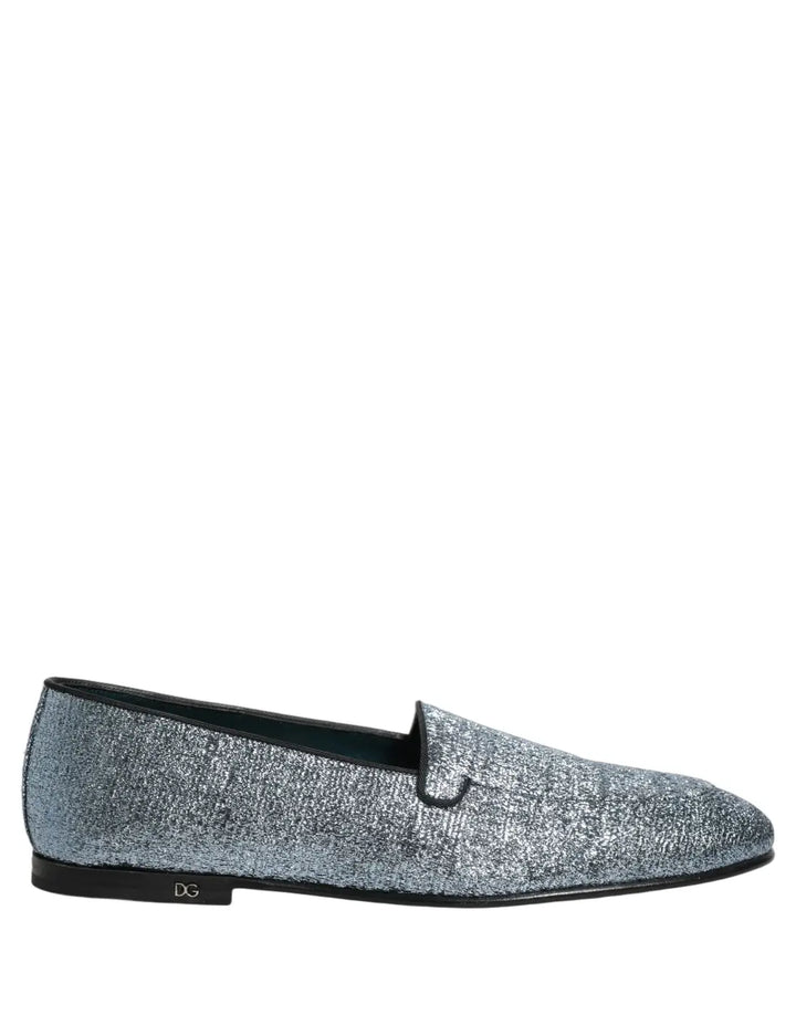 Dolce &amp; Gabbana Blue Glitter Lurex DG Logo Dress Loafers Shoes