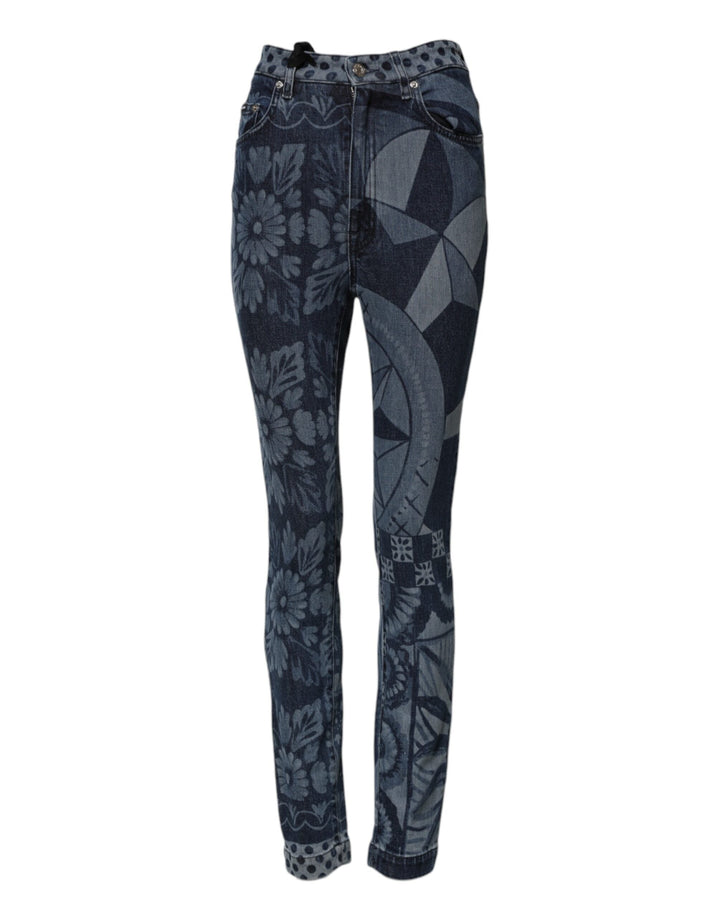 Dolce &amp; Gabbana Blue Graphic Print Cotton Skinny Denim Jeans