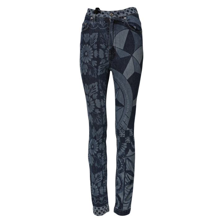 Dolce &amp; Gabbana Blue Graphic Print Cotton Skinny Denim Jeans