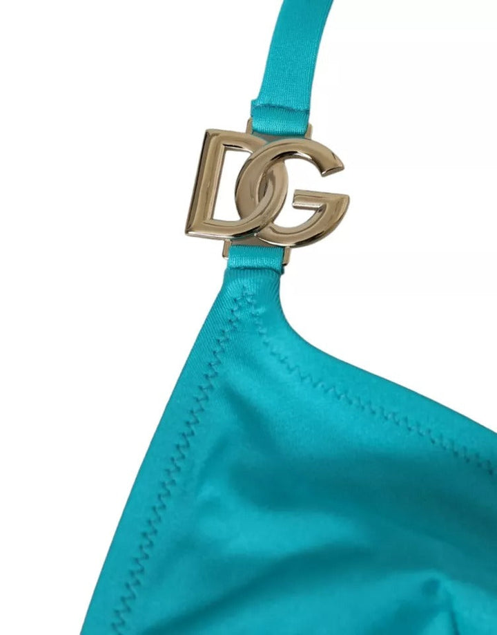 Dolce &amp; Gabbana Blue Green Halter Dg Logo Swimwear Beachwear Bikini Top - Women’s Tops