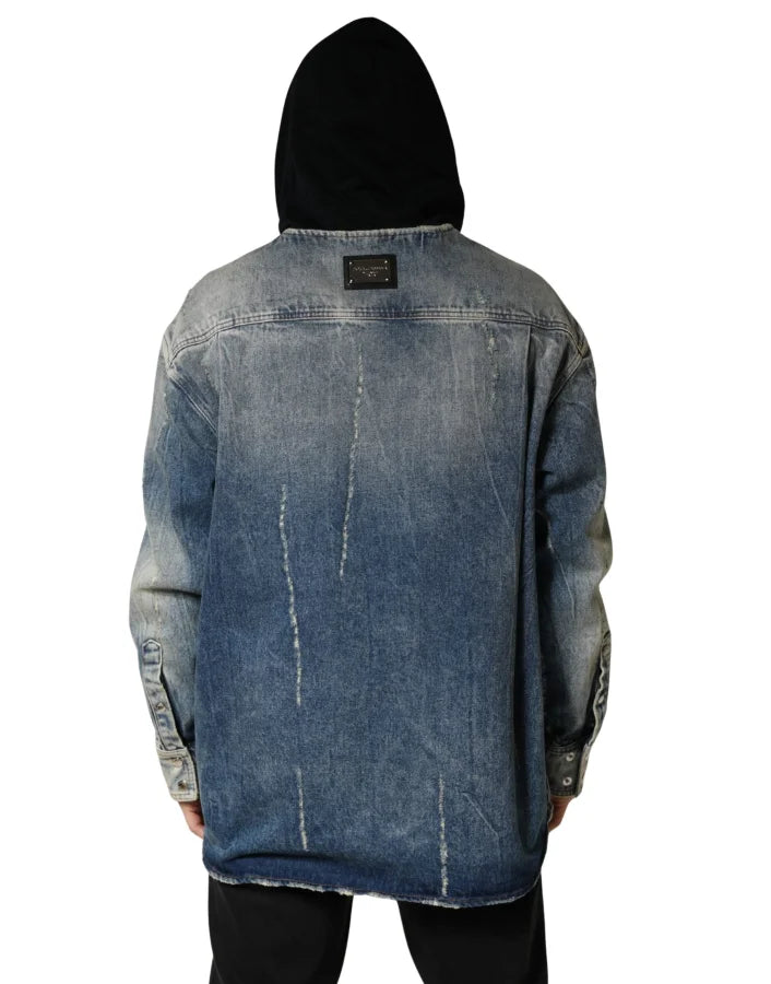 Dolce & Gabbana Blue Hooded Cotton Buttoned Denim Jacket