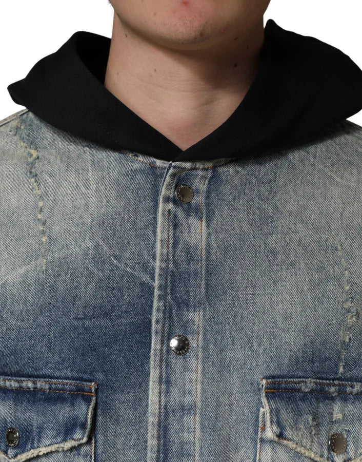 Dolce & Gabbana Blue Hooded Cotton Buttoned Denim Jacket