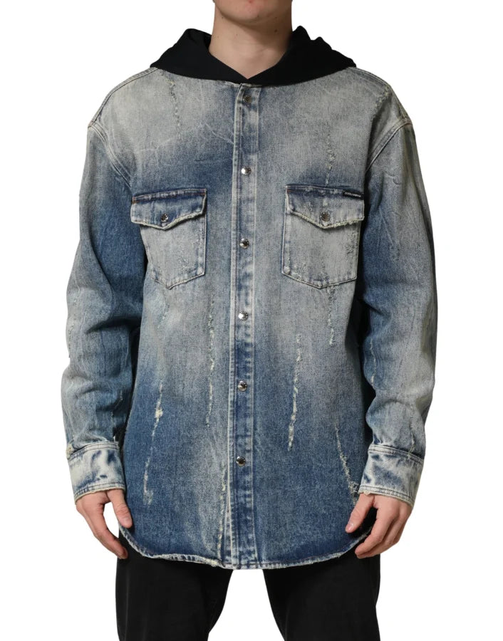 Dolce & Gabbana Blue Hooded Cotton Buttoned Denim Jacket
