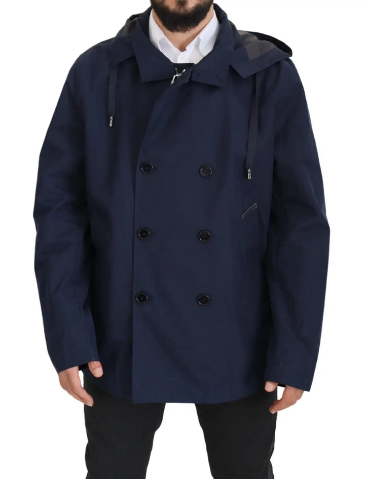 Dolce &amp; Gabbana Blue Hooded Double Breasted Coat Jacket