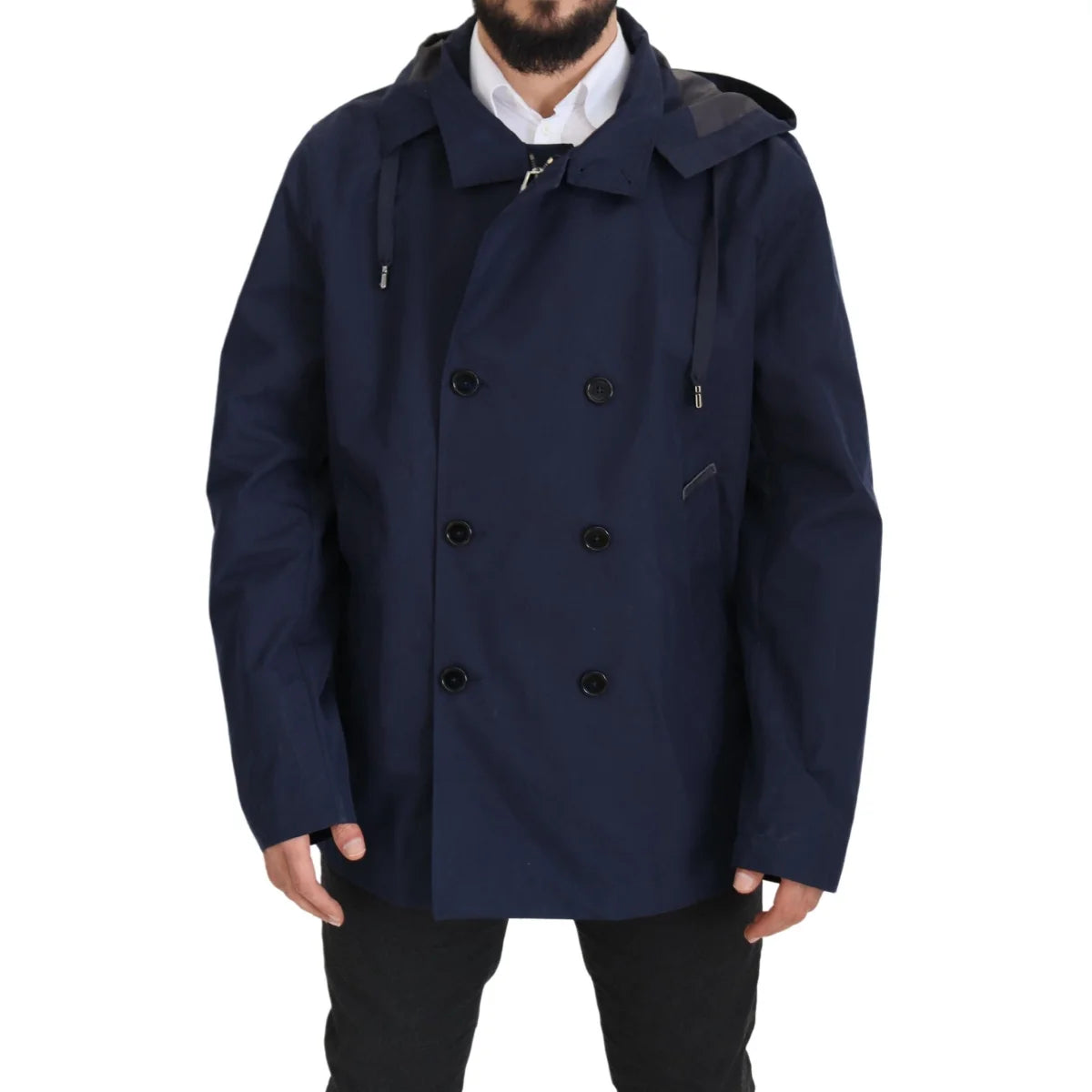 Dolce & Gabbana Blue Hooded Double Breasted Coat Jacket