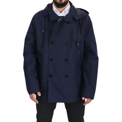 Dolce & Gabbana Blue Hooded Double Breasted Coat Jacket