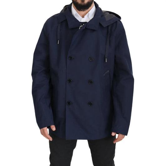 Dolce & Gabbana Blue Hooded Double Breasted Coat Jacket