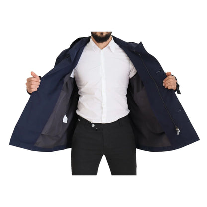 Dolce & Gabbana Blue Hooded Double Breasted Coat Jacket