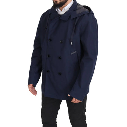 Dolce & Gabbana Blue Hooded Double Breasted Coat Jacket