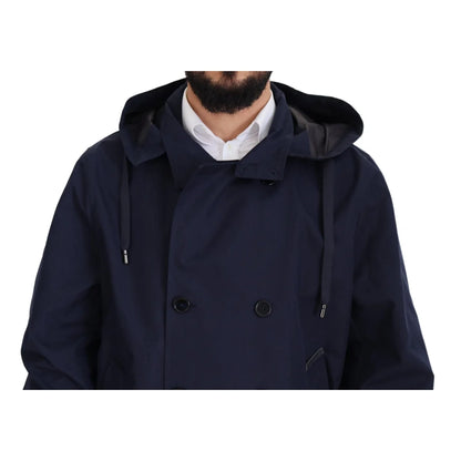 Dolce & Gabbana Blue Hooded Double Breasted Coat Jacket