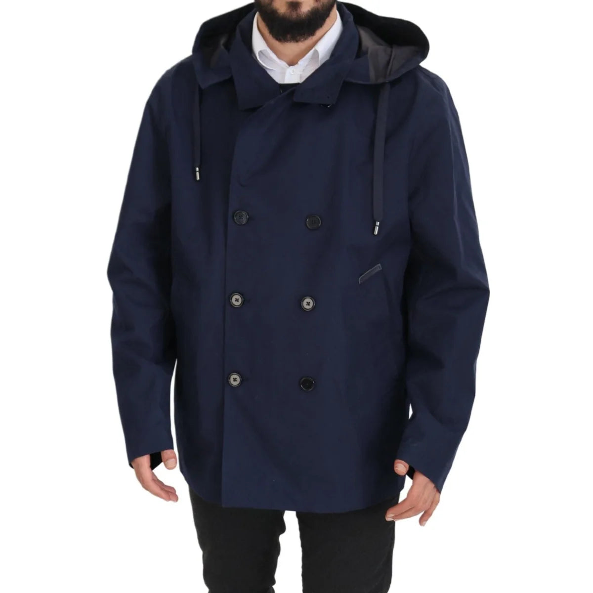 Dolce & Gabbana Blue Hooded Double Breasted Coat Jacket