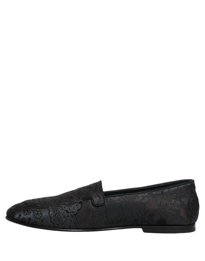 Dolce &amp; Gabbana Blue Jacquard Leather Slip On Loafers Shoes